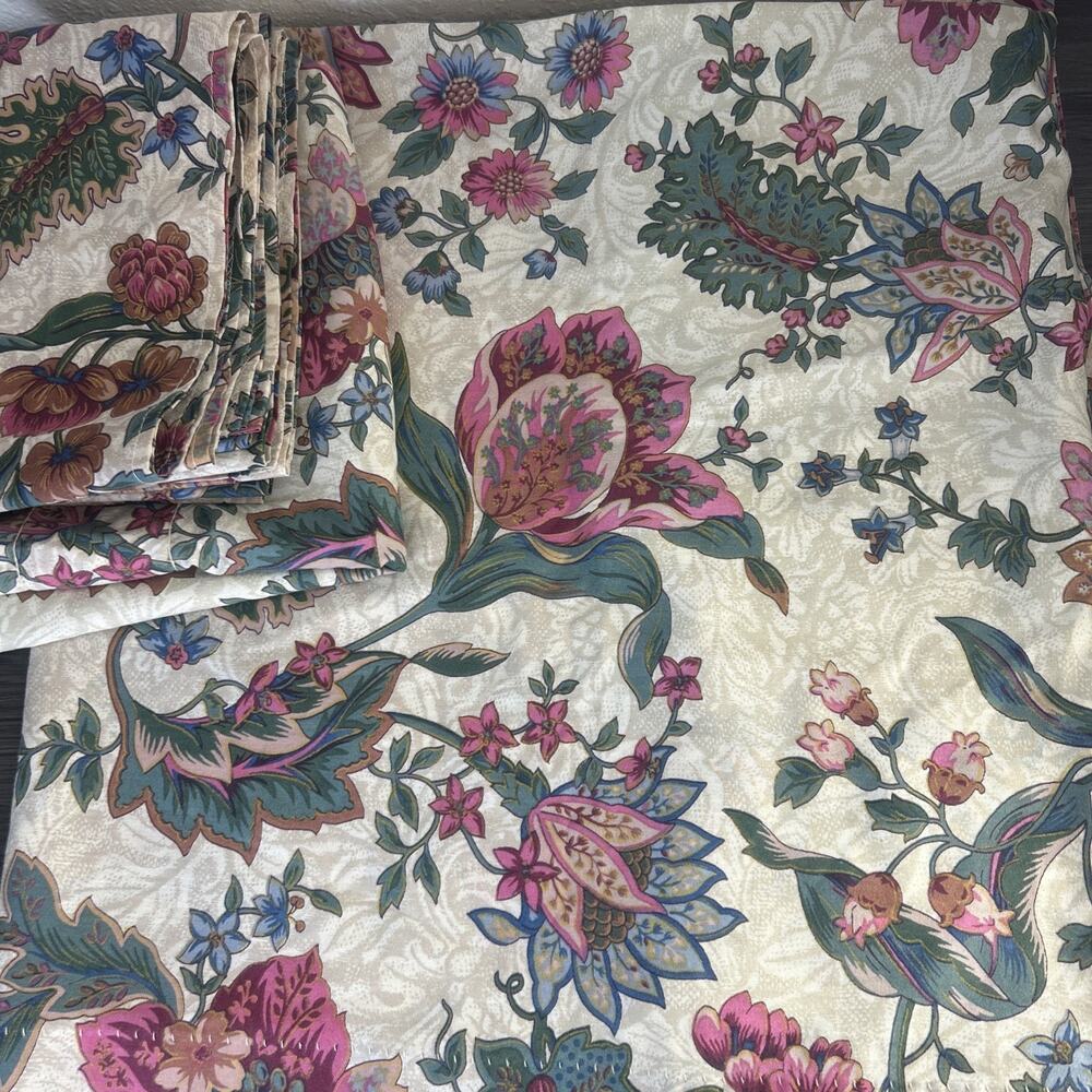 Vintage Floral Curtain Panels 44x84 Jacobean Teal Cranberry Valances USA 4pc